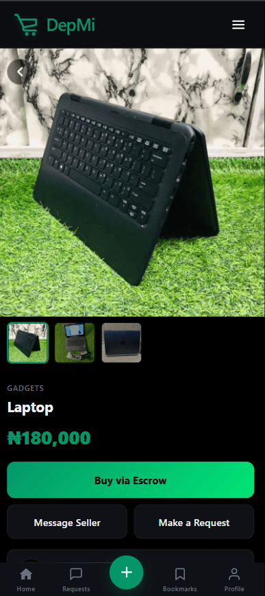 DepMi product listing showing the Buy via Escrow button on mobile