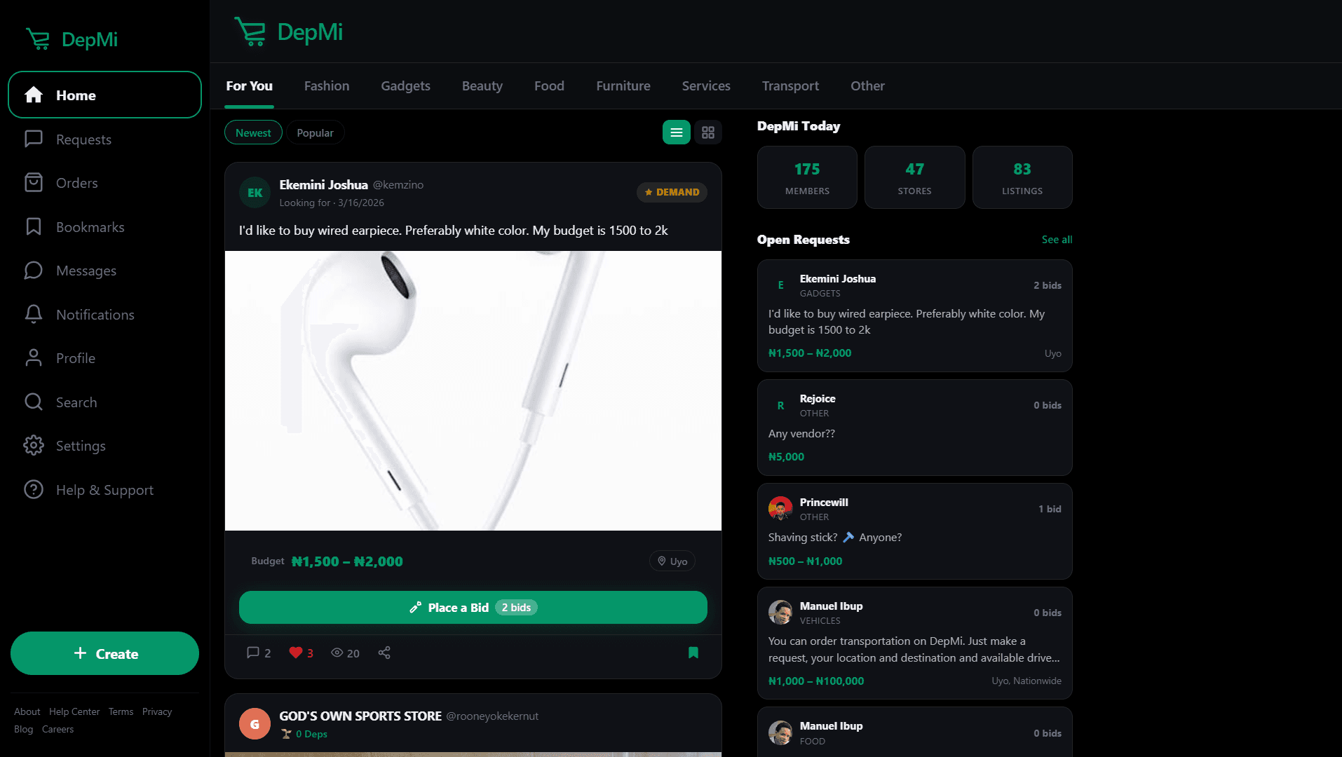 DepMi home feed showing buyer demand requests and product listings with 171 members and 44 stores